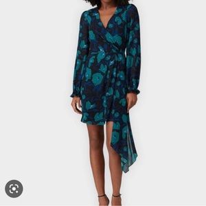 Badgley Mischka Womens Asymmetric Wrap Dress Blue Floral Long Sleeve Zip sz 12